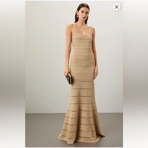 Herve Leger Bandage Metallic Striped Trumpet Gown Gold